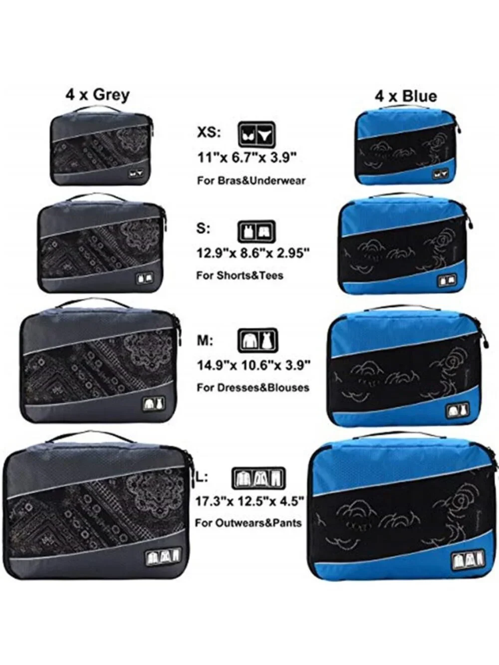 8 Set Packing Cubes Travel Organizer Luggage Bags Grey Blue 8PC Nylon Set